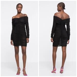 Az‎ Factory with Ester Manas Long Sleeve Ruched Black Sheer Dress Sz FR 36